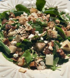 watercress, pear, fig and goat cheese salad