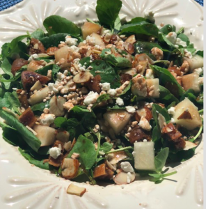 Watercress, pear, fig and goat cheese salad